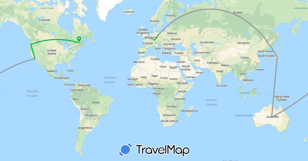 TravelMap itinerary: driving, bus, plane in Australia, Canada, Germany, France, Japan, United States (Asia, Europe, North America, Oceania)